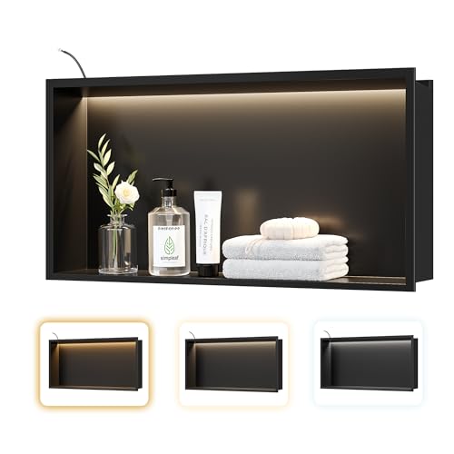 24"x12"Black LED Shower Niche,3 CCT Dimmable Light, No Tile Needed | 304 Stainless Steel Bathroom Niche w/ Light(3000K/4000K/6000K), IP66 Waterproof, Space Saving & Durable ,LED Driver Included - color: Matte Black, size: 24X12In