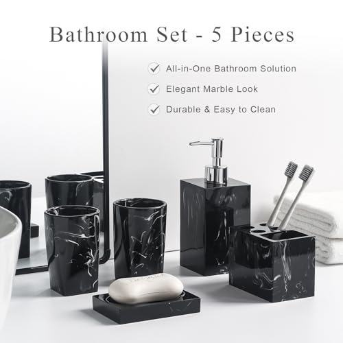 5 Piece Bathroom Accessories Set, Marble Resin Bathroom Vanity Set, Soap Dispenser, Toothbrush Holder, Soap Dish & 2 Tumblers, Bathroom Countertop Organizer Set (Ink Black) - color: Ink Black