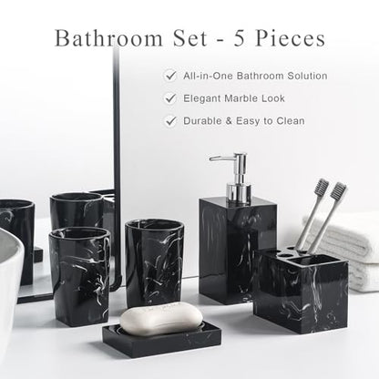 5 Piece Bathroom Accessories Set, Marble Resin Bathroom Vanity Set, Soap Dispenser, Toothbrush Holder, Soap Dish & 2 Tumblers, Bathroom Countertop Organizer Set (Ink Black) - color: Ink Black