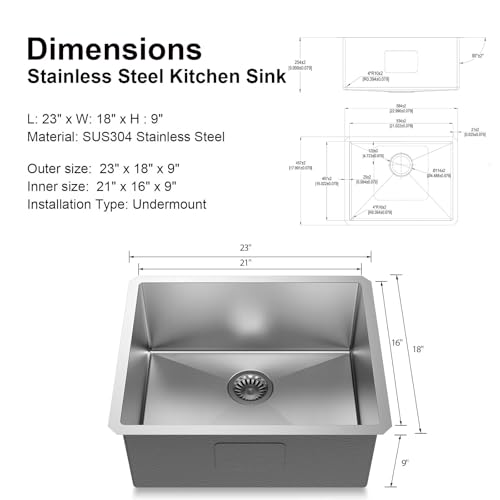 23" Undermount 18 Gauge 304 Stainless Steel Single Bowl Kitchen Sink with Accessary in 23"Lx18"Wx10"D - size: 23"L x 18"W x 10"D Single Bowl