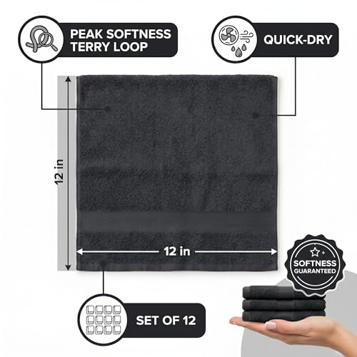 Sofea 100% Cotton Washcloths Set of 12, (12 x 12 Inch) 520 GSM Wash Cloths, Extra Soft Absorbent Quick Dry Face Towels - color: Black