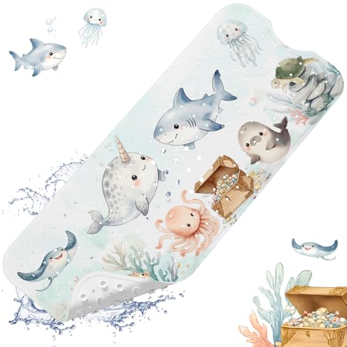 Baby Bath Mat for Tub Non Slip Kids, BPA Free Extra Long Bathtub Mat 40x16 with Drain Holes and 200 Suction Cups, Non Toxic Machine Washable Toddler Bath Mat, Eco-Friendly Certified - color: X-narwhal
