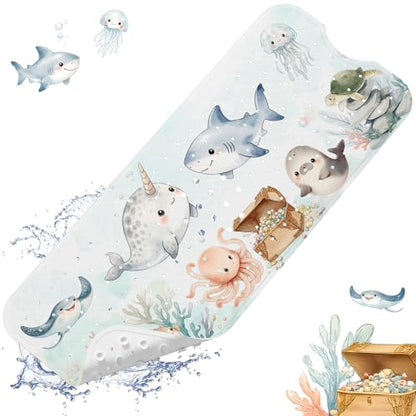 Baby Bath Mat for Tub Non Slip Kids, BPA Free Extra Long Bathtub Mat 40x16 with Drain Holes and 200 Suction Cups, Non Toxic Machine Washable Toddler Bath Mat, Eco-Friendly Certified - color: X-narwhal