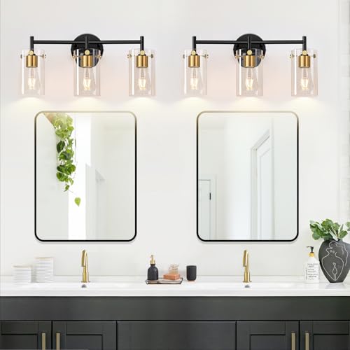 Indoi Bathroom Light Fixtures, 3-Light Black and Gold Vanity Light, Black Bathroom Lights Over Mirror with Clear Glass Shade for Mirror Bedroom Living Room - color: Black and Gold