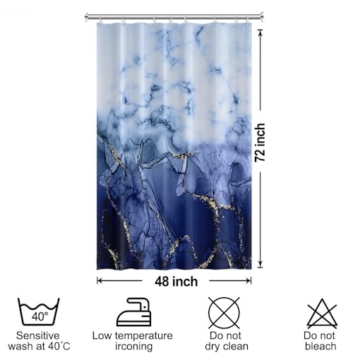 Navy Blue Marble Stall Waterproof Shower Curtain 48x72 inches | RV Small Shower Curtain Set for Bathroom, Abstract Modern, Machine Washable, Easy to Install with Hooks, Ombre White Blue - color: Navy Blue, size: 48"W x 72"L (Pack of 1)