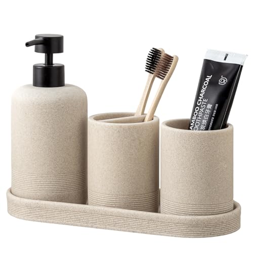 Bathroom Accessories Set, Simple Sandstone Look, Beige, 4 PCS | Modern,Minimalist,Bathroom Accessory Set with 15.2 OZ Soap Dispenser,Toothbrush Holder,Vanity Tray,Tumbler for Hotel,Cafe,Bar - color: Beige 4pcs