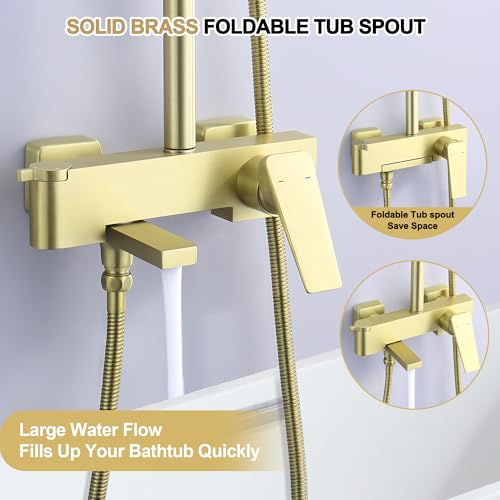 Shower Systems with 12 x8 Inches Rain Shower Head,Brushed Gold Exposed Pipe Shower System,3 Functions Tub Shower Faucet Sets,Overhead Shower System with Handheld - color: A- Brushed Gold with Square Shower Head