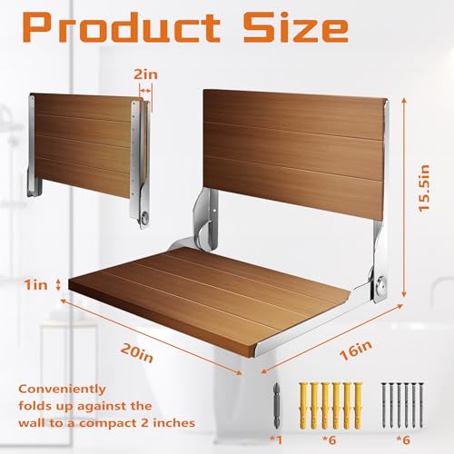 Folding Shower Seat 20'', Large Teak Shower Seat, Folding Shower Bench, Wall Mount Foldable Chair, 500 lbs Capacity, Stainless Steel, Silver - color: Silver