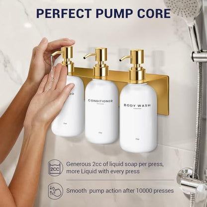 Shampoo and Conditioner Dispenser Wall Mounted Set with Soap Dish and Hook | Soap Dispenser Set of 3. Refillable Bottles with Pumps, Drill Free Adhesive Bathroom Organizer, Dorm Room Essentials, Gold