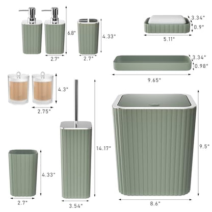 XLHOMO Bathroom Accessories Set - Gorgeous Sage Green Bathroom Set, 10PC Bathroom Accessory Set, Toilet Brush, Trash Can, Qtip Holder Dispenser & Soap Dispenser - size: Bath Set, style: Sage Green&Silver