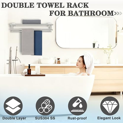Alise Double Towel Rack for Bathroom Wall Mounted 20 Inch,Brushed Nickel | Bathroom Tower Holder Towel Shelf with Double Towel Bars,SUS304 Stainless Steel Towel Rack with Shelf - color: Brushed Nickel, size: 500mm/20-Inch(Double Bars)