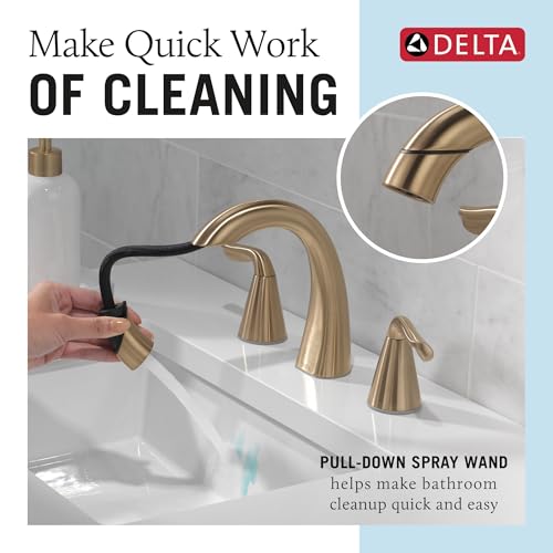 Delta Arvo Brushed Gold Bathroom Faucet with Sprayer, 8 Inch 3 Hole Widespread Bathroom Sink Faucet with Pull Out Sprayer, Push-Pop Drain, Champagne Bronze 35840LF-CZPD - color: Champagne Bronze