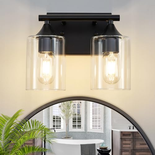 Vanity Lighting Fixtures,2-Light Bathroom Lights Over Mirror,Modern Sconces Wall Lighting with Clear Glass Shade,Light Fixture for Bathroom Bedroom Living Room Vanity Table Hallway - color: Black, size: 2-Light