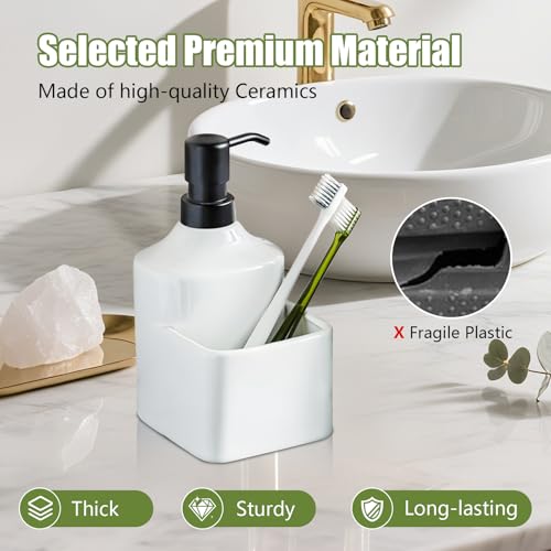 Gets Soap Dispenser White Ceramic Pump Bottle with Storage Holder | Countertop Liquid Hand Wash Bottle with Organizer Tray for Bathroom, Kitchen, Refillable Modern Dispenser for Vanity Sink - size: White With Sponge Holder