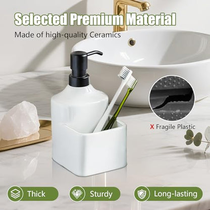 Gets Soap Dispenser White Ceramic Pump Bottle with Storage Holder | Countertop Liquid Hand Wash Bottle with Organizer Tray for Bathroom, Kitchen, Refillable Modern Dispenser for Vanity Sink - size: White With Sponge Holder