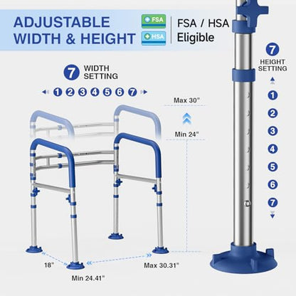 Foldable Toilet Safety Rails for Seniors, Height & Width Adjustable | Safety Frame & Toilet Handles for Elderly & Disabled, Fits Most Toilets, 350lb Capacity, Blue - color: Blue