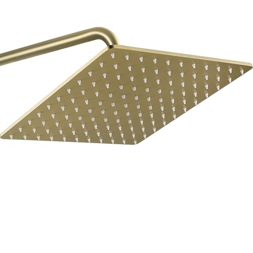 Solid Metal Large Rain Shower Head, Square High Flow Ceiling Rainfall Shower Head with Shower Arm and Flange, Reinforced Explosion-Proof Stainless Steel Construction (12-Inch, Brushed Gold) - color: Brushed Gold, size: 12 Inch