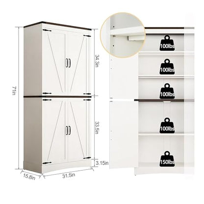 Hlivelood 71" Tall Kitchen Pantry,Farmhouse Storage Cabinet with Adjustable Shelves,Load-Bearing Steel Pipe,Farmhouse Pantry Cabinet with 4 Barn Doors,for Kitchen,Dining Room,Living Room(Rustic White) - color: Rustic White