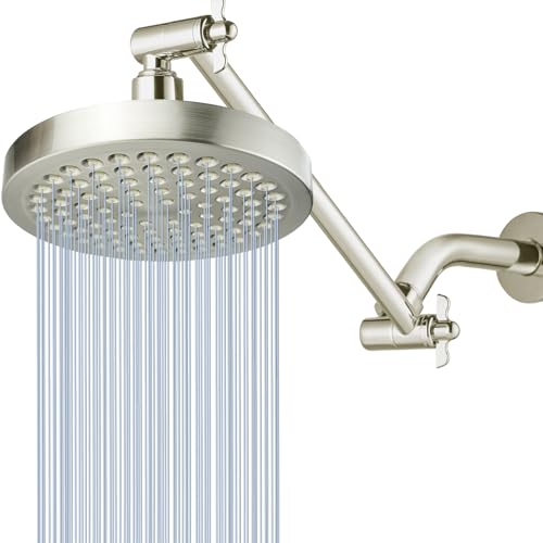 High Pressure Rain Shower Head with 11'' Extension Arm - High Flow Rainfall Showerhead - Luxury Modern Look - Pressure Boosting (Round, Brushed Nickel) - color: Brushed Nickel, style: 6" Round