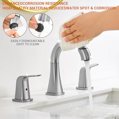 Brushed Nickel Bathroom Faucet with Sprayer - Rotatable Bathroom Faucets for Sink 3 Holes, 8In Widespread Bathroom Pull Down Faucet, 2-Handle Vanity Faucet with Pull Out Sprayer 360 Swivel - color: Brushed Nickel