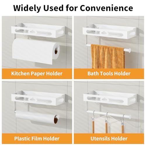 White Paper Towel Holder Wall Mount with Shelf - Adhesive Hand Towel Rack | Sturdy Metal Mounted Paper Towel Rack with 2 Hooks, Space-Saving for Bathroom, Kitchen, RV Camper - color: White