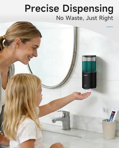 AIKE Automatic Soap Dispenser IPX7 Waterproof 13.5oz Matte Black | No-Drill and Screws for Mounting,Space Saving,Adjustable 5 Levels Precise Dispense for Bathroom,Easy Refill Wide Opening - color: Matte Black Stainless Steel