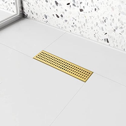 12 inch Linear Shower Drain Brushed Gold with Grate Removable | Square Hole Panel,AISI 304 Stainless Steel Fast Drainage Rectangle Hidden Shower Trench,Detachable Hair Catcher,Leveling Feet - color: Gold, size: 12 inch+No Base
