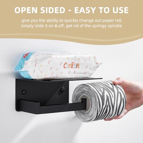 Angle Simple Toilet Paper Holder with Shelf Matte Black, Tissue Roll Holder | SUS304 Stainless Steel Bathroom Toilet Roll Hanger, Fit Most Rolls, Top Shelf for Placing Phones Wet Wipes, Screw Wall Mount - color: Matte Black, size: Single Rod
