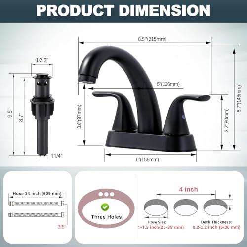 Black Bathroom Sink Faucet, 4 Inch Centerset Bathroom Faucet | ALEASHA 2 Handles Vanity Faucet with Pop Up Drain Stopper, RV Lavatory Vanity Faucets with Aesthetic Appeal - color: Matte Black