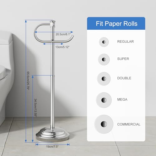 RUMOSE Toilet Paper Holder Stand for Floor Free Standing, Chrome | Bathroom Freestanding Toilet Tissue Roll Holder with Storage, Adjustable 17-25 Inch, Rustproof, SUS304 Stainless Steel - color: Chrome