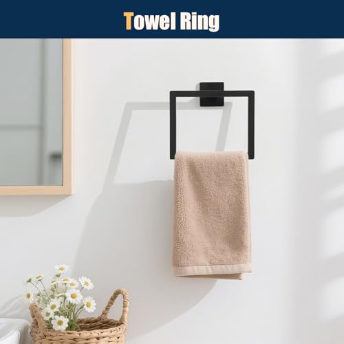 10 Pcs Matte Black Bathroom Hardware Accessories Set 23.6 Inch Wall Mounted | Bath Towel Bar Kit with Square Towel Racks Ring and Towel Hooks, Paper Holder, 304 Stainless Steel - color: Black