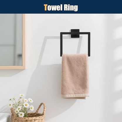 10 Pcs Matte Black Bathroom Hardware Accessories Set 23.6 Inch Wall Mounted | Bath Towel Bar Kit with Square Towel Racks Ring and Towel Hooks, Paper Holder, 304 Stainless Steel - color: Black