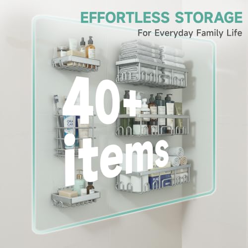 Veken Shower Caddy 6-Pack, Family Choice Award Winner, Large Wall Mounted Shower Rack, Bathroom Shelves Over Toilet, Organizer Storage Accessories with Soap Dish&Toothbrush Holder, Silver