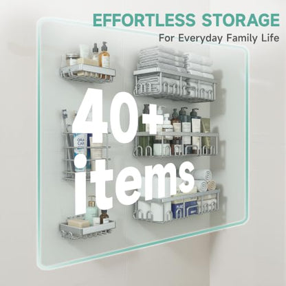 Veken Shower Caddy 6-Pack, Family Choice Award Winner, Large Wall Mounted Shower Rack, Bathroom Shelves Over Toilet, Organizer Storage Accessories with Soap Dish&Toothbrush Holder, Silver