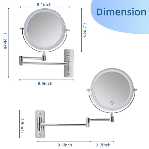 Wall Mounted Lighted Makeup Mirror, 8" Rechargeable Double Sided 1X/10X Magnifying Mirror with Light, 3 Color Lights, Touch Dimmable, Extendable Arm 360° Rotation, Chrome, Bathroom Vanity Mirror