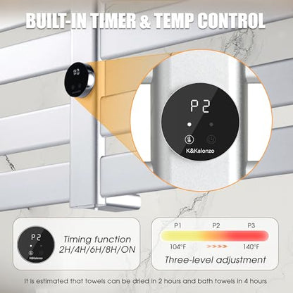 K&KALONZO Electric Towel Warmer Wall Mount Heated Rack Timer, 8-Bar,Silver | Fast Heat in 2 Min, 3 Heat Levels, Anti-Scald, NTC Safety, Plug-in/Hardwired Aluminum Towel Warmer for Bathroom - color: Silver, size: 8-Bar