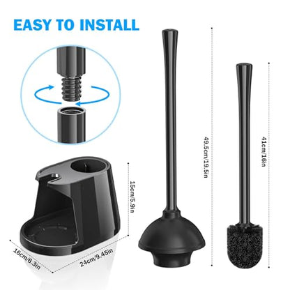 Toilet Plunger and Brush Set, Bowl Brush and Heavy Duty Toilet Plunger with Ventilated Holder, 2-in-1 Toilet Brush and Plunger Combo for Bathroom Deeply Cleaning（Black） - color: Black01