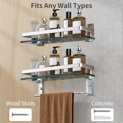 Bathroom Shelves Wall Mounted, Clear Tempered Glass Shelf with Towel Bar, Hand Towel Holder(Matte Silver) - color: Silver, size: Combo Set