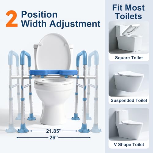 Adjustable Raised Toilet Seat with Handles for Seniors, Blue | 400lbs Capacity Elongated Toilet Seat Riser, Elevated Toilet Seat with Soft Cushion & Removable Armrests - color: Cozy Blue