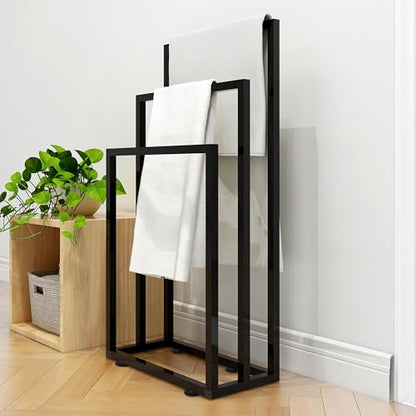 Metal Free Standing Towel Rack 3 Tiers Hand Towel Holder Organizer for Bathroom, Floor Outdoor Standing Towels Drying Rack for Poolside Black