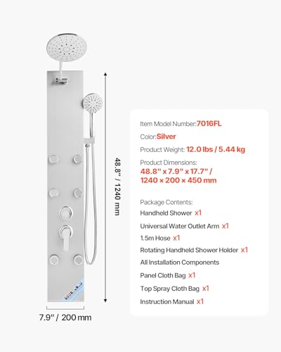 VEVOR Shower Panel Tower System with Rainfall Shower Head, 49 in Brushed Stainless Steel Shower Column, 3-Function Faucet, High Pressure Wall-Mount Rain Massage System with 6 Body Jets and Handheld