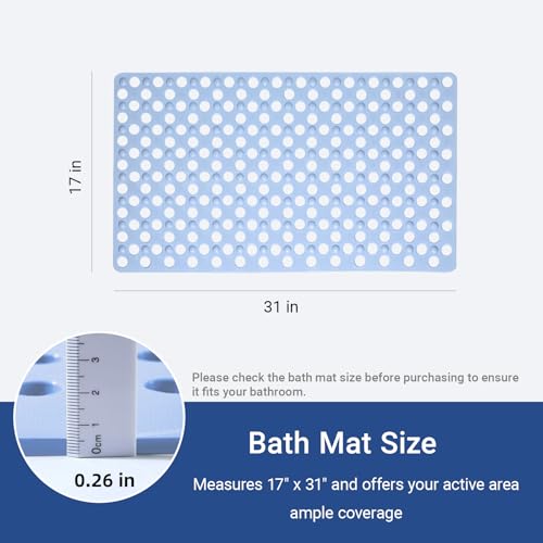 Non Slip Bathtub Mat and Shower Mat 31x17 inch,Bath Mat with Quick Dry Drain Holes and Suction Cups, Soft Comfortable Safe Bathroom Mat for Bath Tub, Floor, Tile (Light Blue) - color: Light Blue