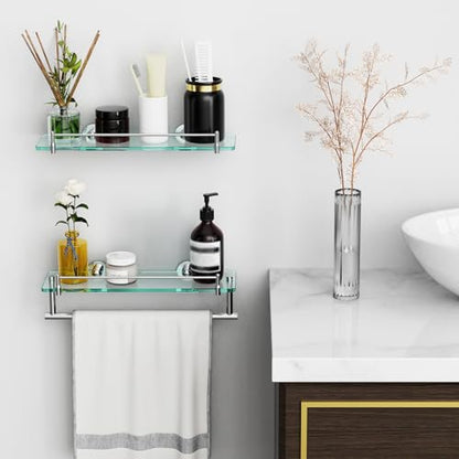 16-Inch Floating Tempered Glass Bathroom Shelf with Towel Bar - Chrome Polished & Stainless Steel, Wall Mount - color: Chrome Polished, size: 16-inch with Railing