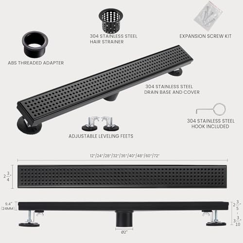 Linear Shower Drain, 12 inch Matte Black | Including Hair Catcher and Removable Grate, 304 Stainless Steel, Easy to Install and Clean (Drain Base Not Included) - color: Matte Black, size: 12 Inch