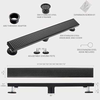Linear Shower Drain, 12 inch Matte Black | Including Hair Catcher and Removable Grate, 304 Stainless Steel, Easy to Install and Clean (Drain Base Not Included) - color: Matte Black, size: 12 Inch