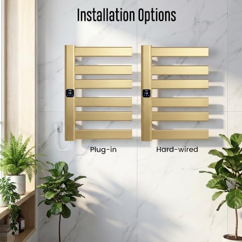 Towel Warmer, Heated Towel Rack with Built-in Timer and Temperature Control,Hard-Wired(Left-Wiring)/Plug-in Wall-Mounted Towel Rail, Aluminum, 18.8" W X 25.6" H, Gold - color: Gold, size: 18.8"L x 25.6"H