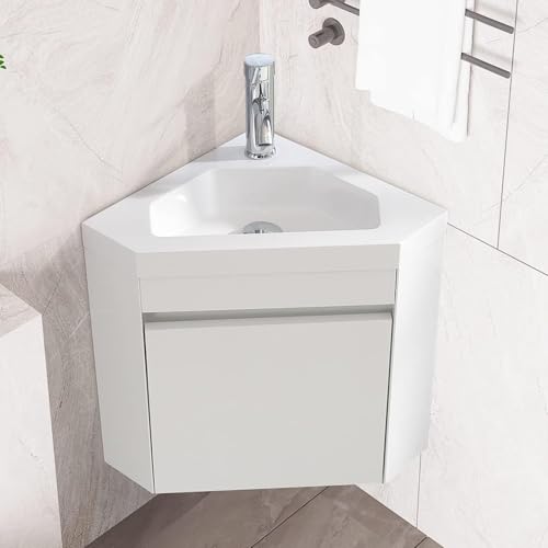 wonline 16" Corner Bathroom Vanity Sink Combo for Small Space Wall Mounted Cabinet Set Design White Resin Basin Sink Top Chrome Faucet and Drain - color: White