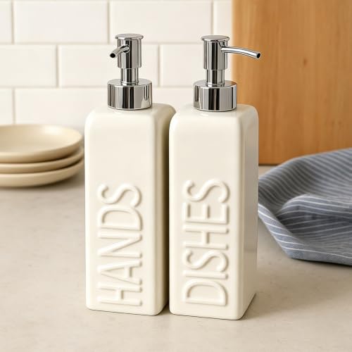 Ceramic Dish and Hand Soap Dispenser Set, 2 Pack with Stainless Steel Pump | Refillable bottles with an included funnel for easy refills and daily use, adding a stylish touch to kitchens and bathrooms. - color: Matte White, Silver Pump