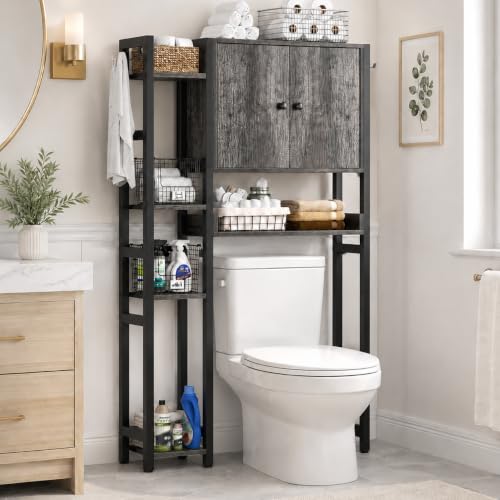 Cyclysio Over The Toilet Storage Cabinet with Doors, 7-Tier Bathroom Organizer Over Toilet with Reversible Side Shelf, Adjustable Shelves & 4 Hooks, Freestanding Toilet Shelf Space Saver for Laundry - color: Grey Oak