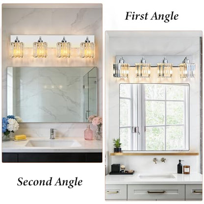 Brushed Chrome Crystal Bathroom Vanity Light, 4-Light Modern Bathroom Lighting Fixtures Over Mirror,Chrome Wall Sconce Light Fixtures with Square Shade - color: Chrome-Square Shade, size: 4-LIGHT